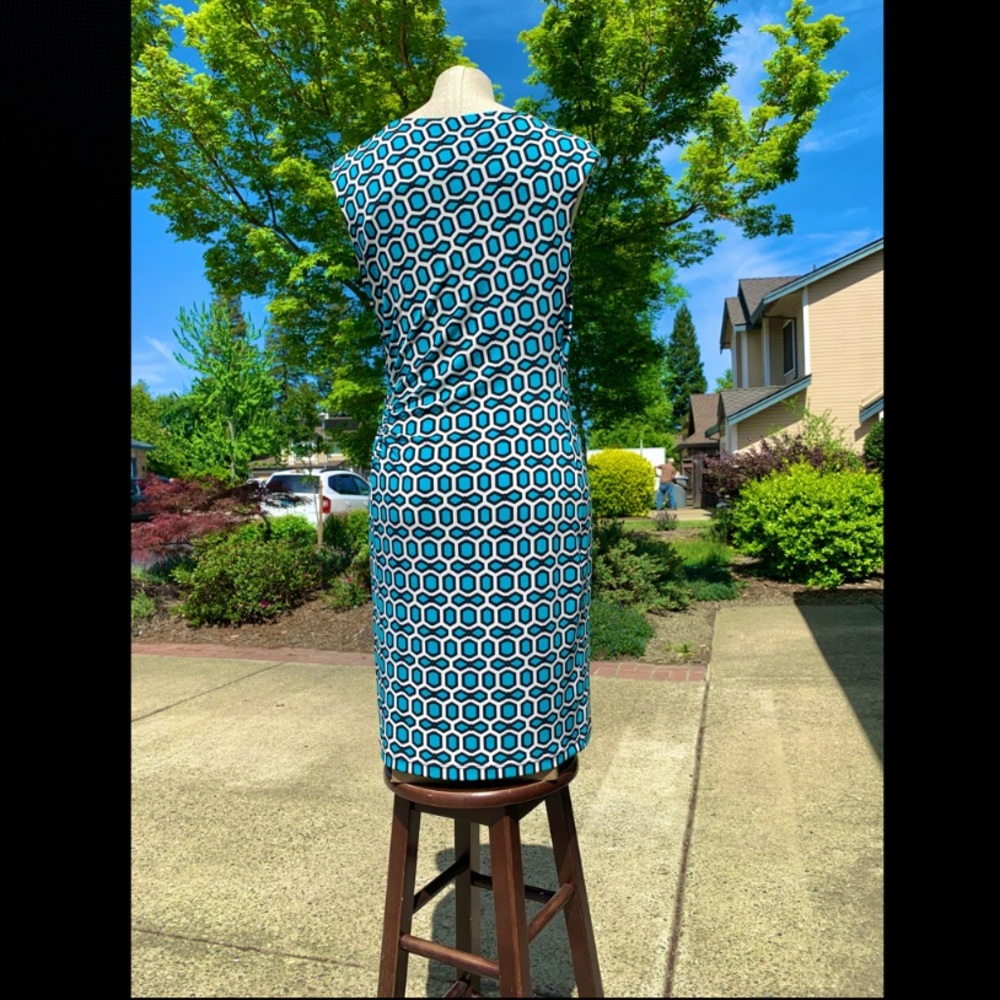 Calvin Klein blue/teal-pattern sheath dress, knee length, size 8